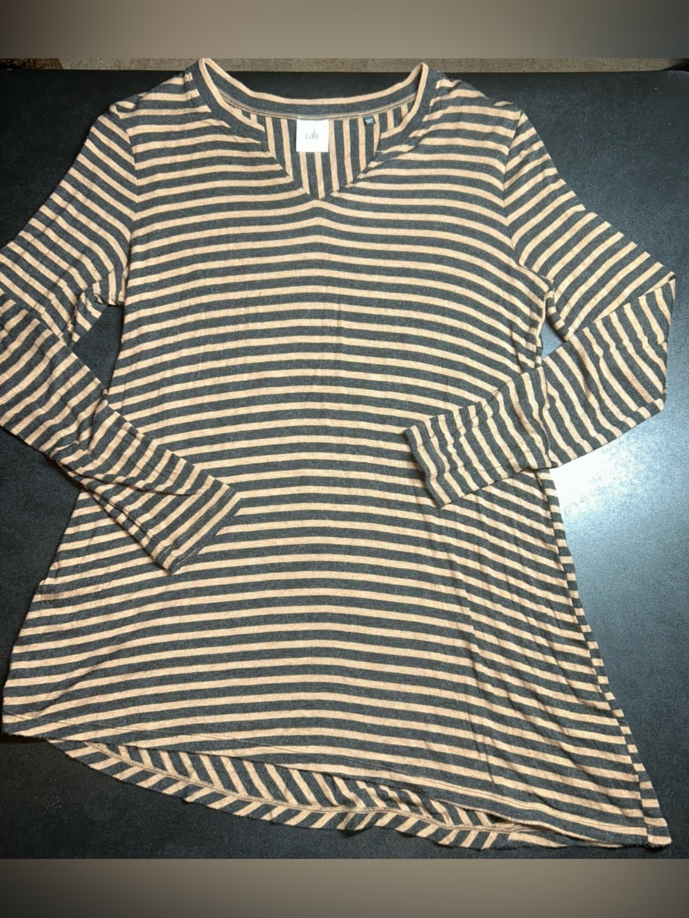 CAbi Size M Slant Tee Charcoal Gray & Tan Stripes Soft Stretch Tunic